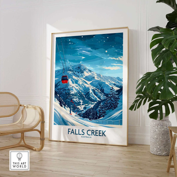 Falls Creek ski print showcasing snowy mountains and a ski lift, perfect wall art for ski enthusiasts.