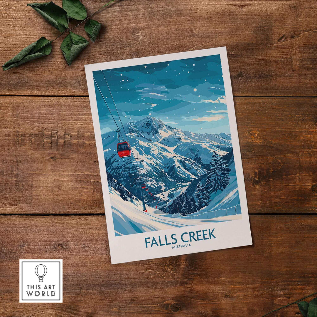 Falls Creek Ski Print showcasing a snowy mountain landscape with a ski lift, perfect wall art for skiing enthusiasts in Australia.