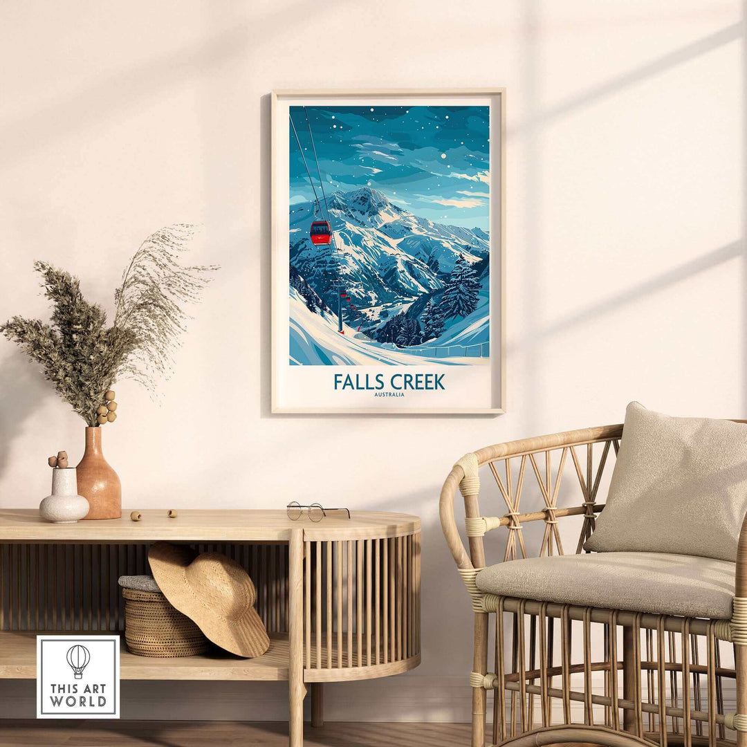 Falls Creek ski print framed on a wall, showcasing a snowy mountain landscape and ski gondola, perfect for ski enthusiasts.