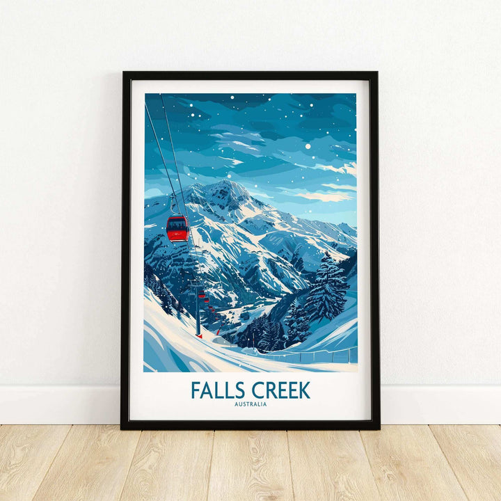 Falls Creek Ski Print featuring a ski lift and snowy mountains in Australia, perfect for skiing enthusiasts and wall decor.