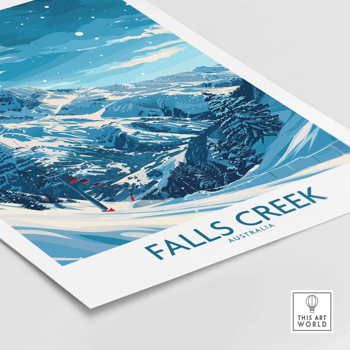 Falls Creek Ski Print showcasing a snowy landscape in Australia, perfect for skiing enthusiasts and winter decor.