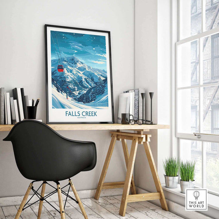 Falls Creek ski print displayed in a modern workspace, showcasing a snowy mountain scene and ski lift. Perfect ski wall art.