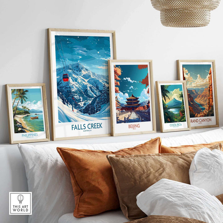 Falls Creek Ski Print among travel-themed wall art, showcasing skiing in Australia and vibrant landscapes.