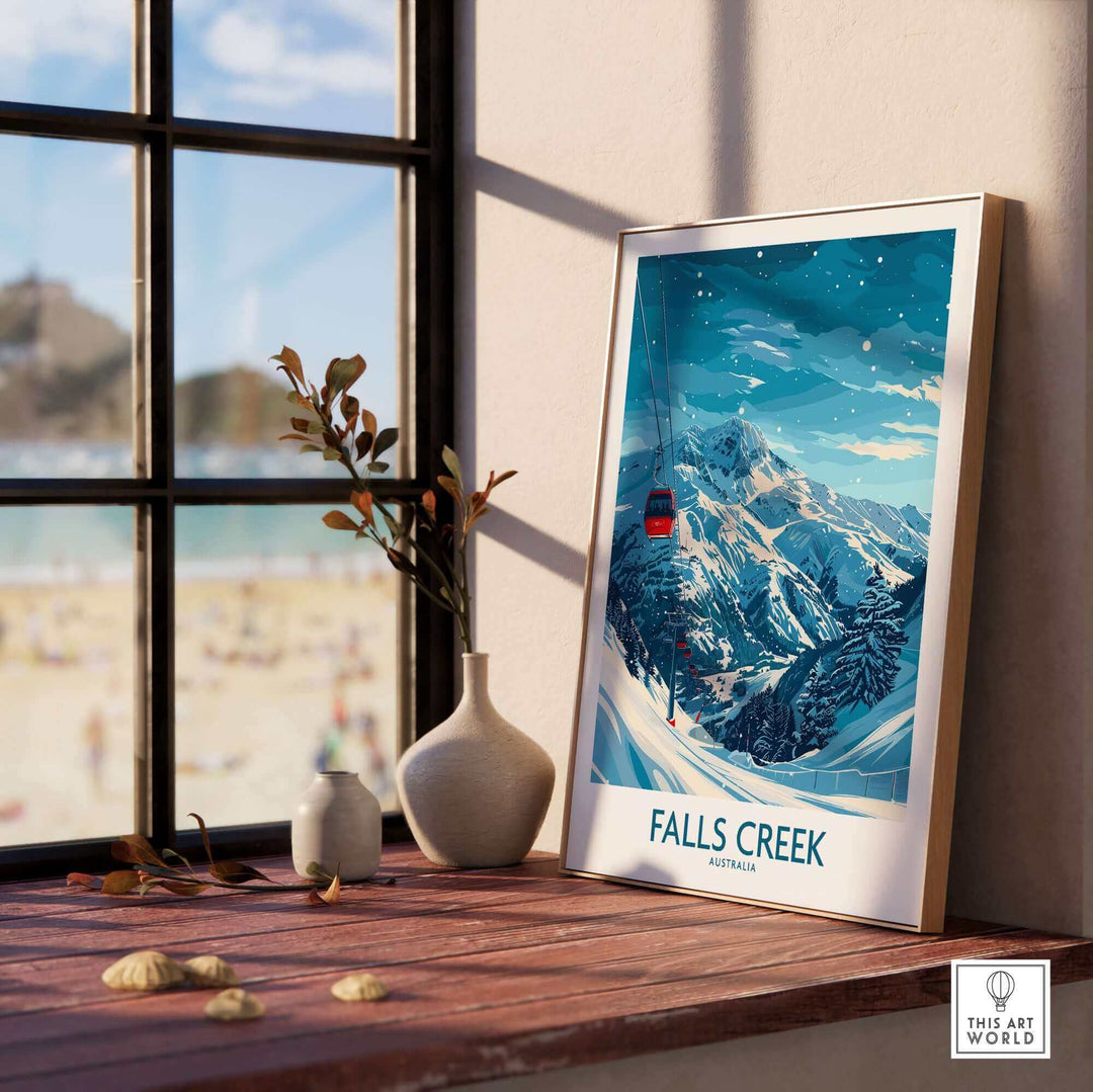 Falls Creek Ski Print showcasing snowy mountains in Australia, perfect wall art for ski enthusiasts and winter adventure lovers.