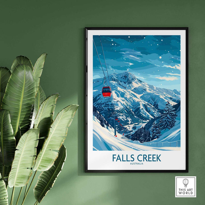 Falls Creek Ski Print showcasing a cable car in a snowy landscape, perfect for ski enthusiasts and winter decor.