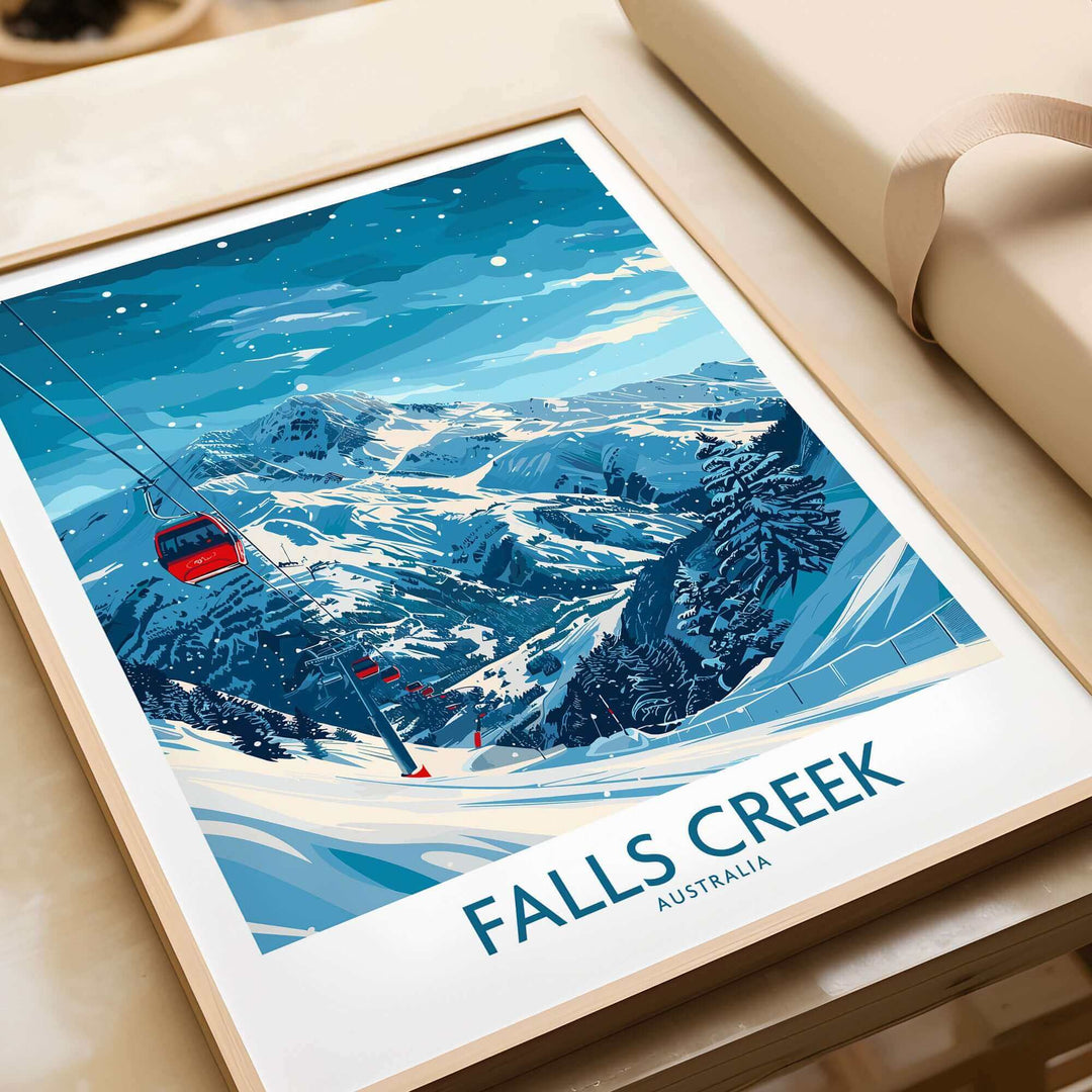 Falls Creek Ski Print showcasing snowy slopes and a ski lift in Australia, perfect wall art for skiing enthusiasts.