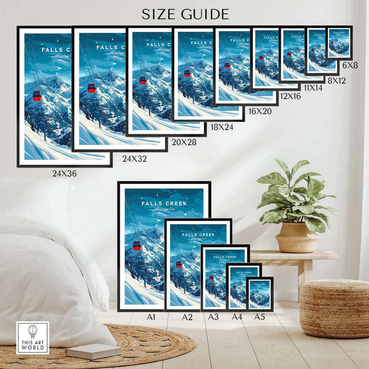 Size guide for Falls Creek Travel Poster showcasing various framing options and dimensions for home decor.