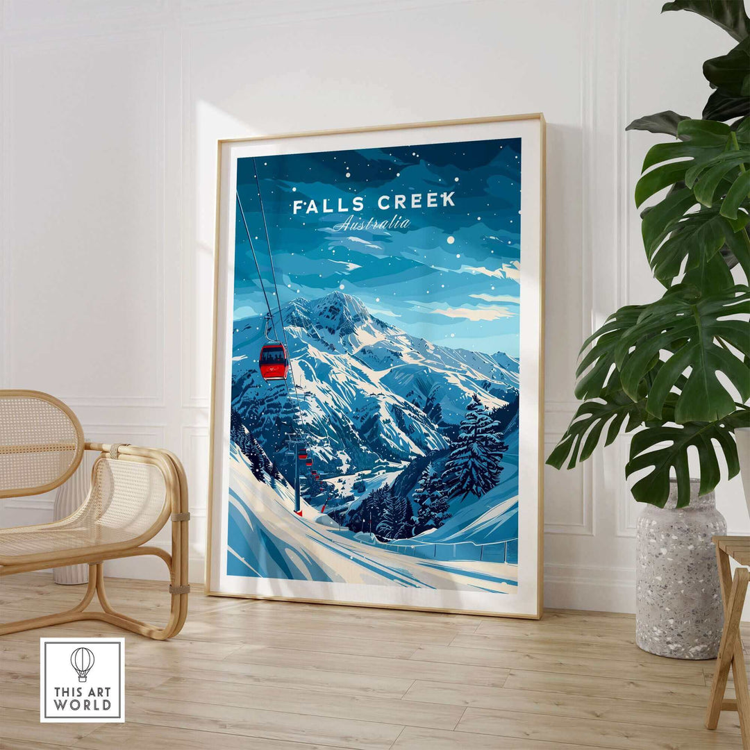 Falls Creek Travel Poster showcasing scenic ski slopes and a gondola in a stylish home setting. Perfect for ski enthusiasts.