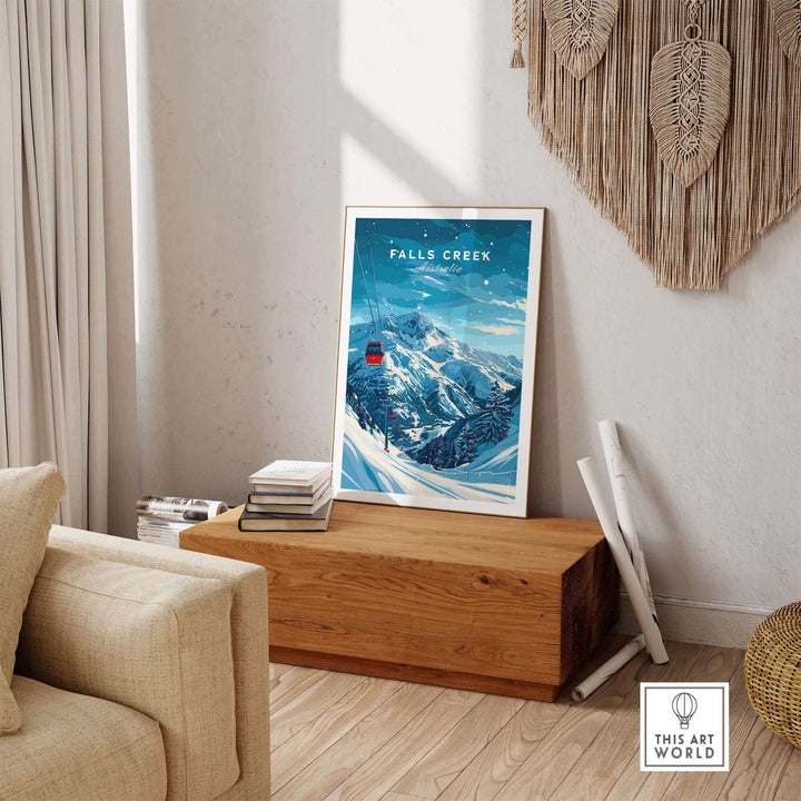 Falls Creek travel poster in a cozy living room, showcasing snowy slopes and a ski adventure theme. Perfect for decor.