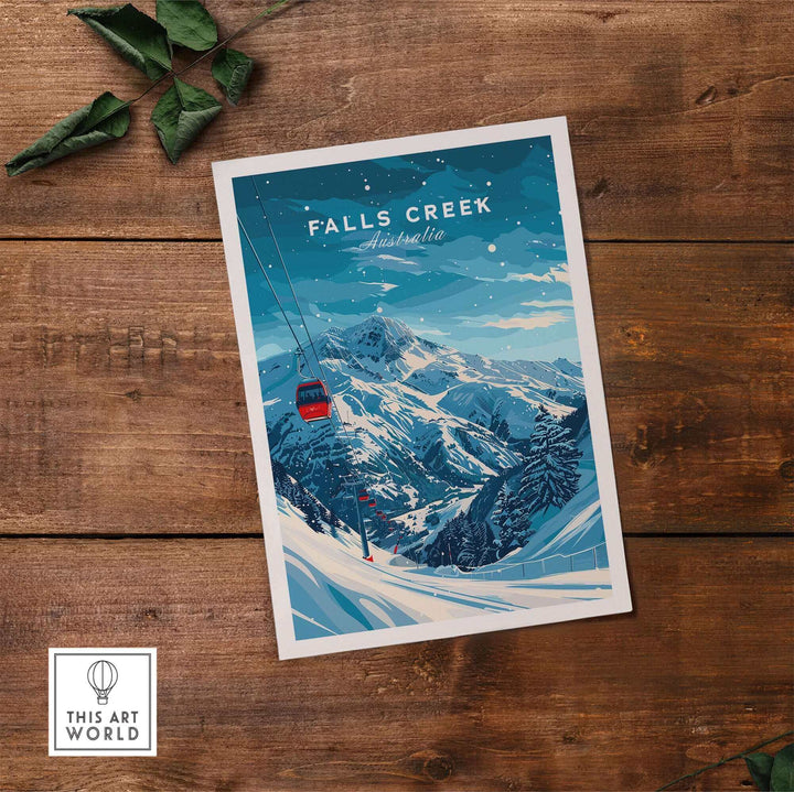 Falls Creek Travel Poster showcasing ski slopes and gondola in Australia, perfect for home decor and adventure inspiration.