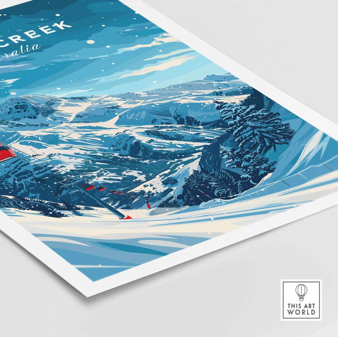 Falls Creek Travel Poster showcasing snowy slopes and mountains in Australia, perfect for ski enthusiasts and home decor.