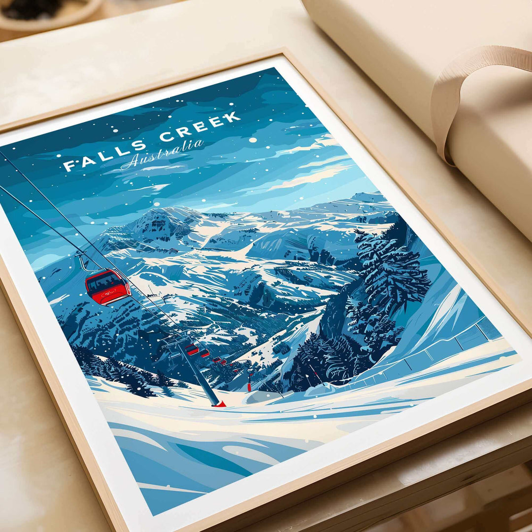 Falls Creek travel poster showcasing stunning ski slopes in Australia with a scenic gondola view. Perfect for home decor.