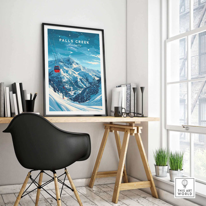 Falls Creek Travel Poster hung on a wall in a stylish home office, showcasing a ski adventure scene in Australia.