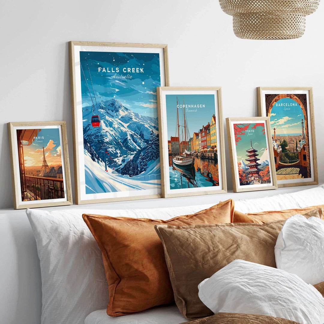 Falls Creek travel poster featured in a stylish home decor setting with framed art prints and cozy bedding.