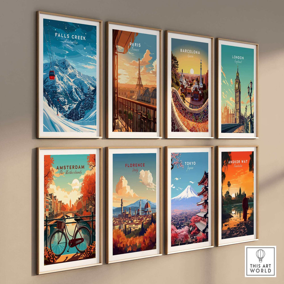 Collection of travel posters including Falls Creek, Paris, Barcelona, London, Amsterdam, Florence, Tokyo, and Angkor Wat.