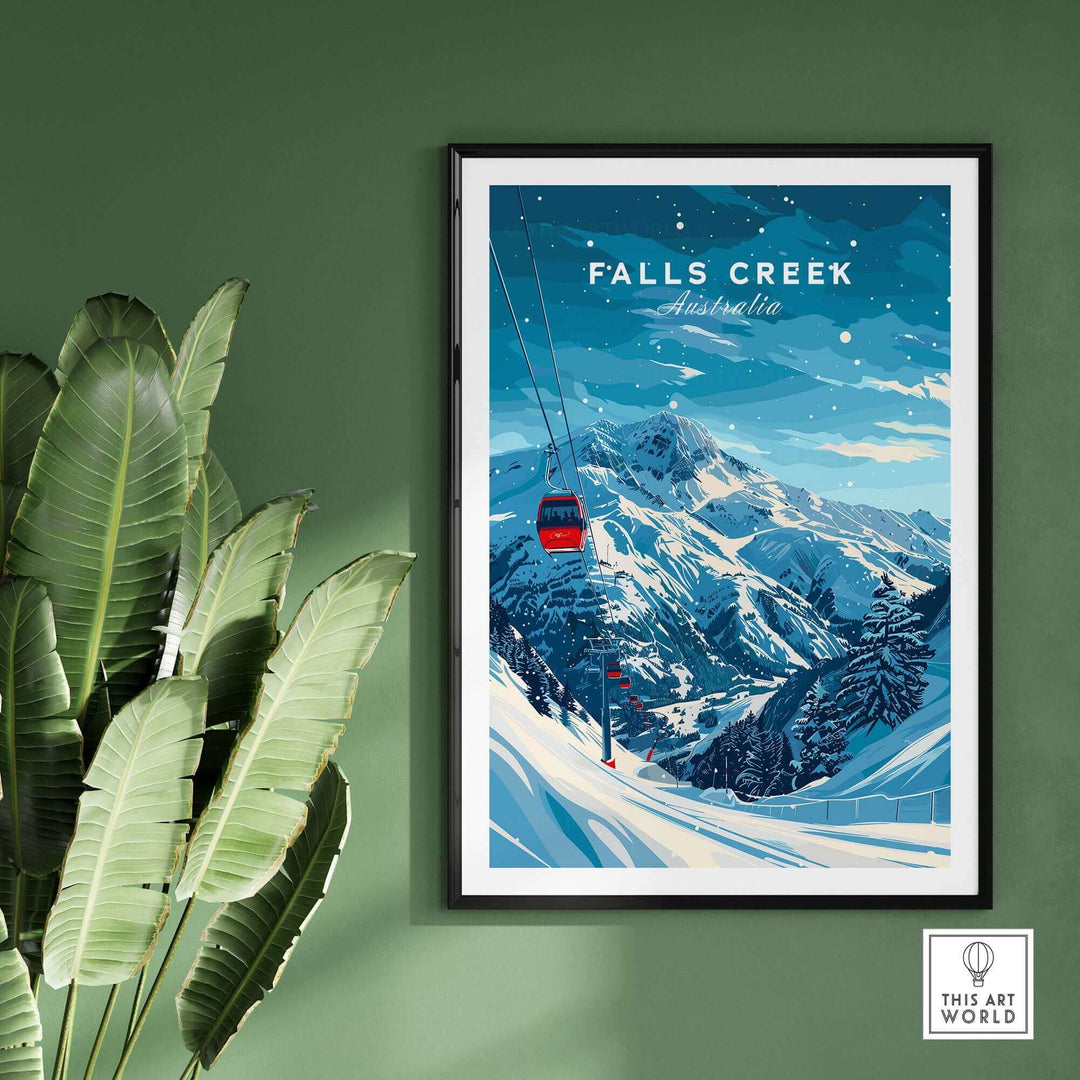 Vibrant Falls Creek travel poster showcasing ski slopes and chairlift, perfect for adventure-inspired home decor.