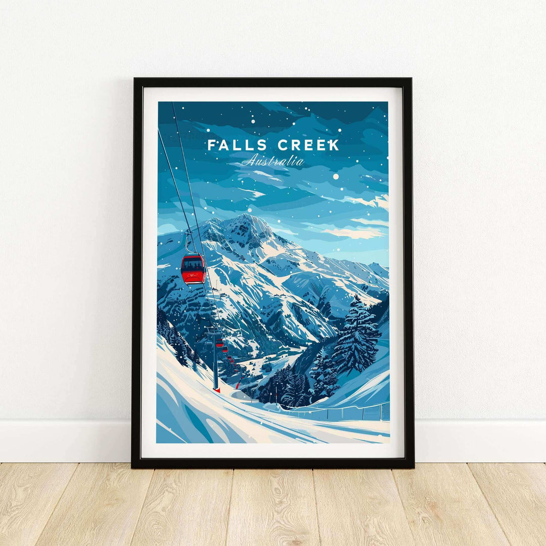 Falls Creek travel poster featuring mountains and a ski gondola, capturing the beauty of Australia's ski slopes.