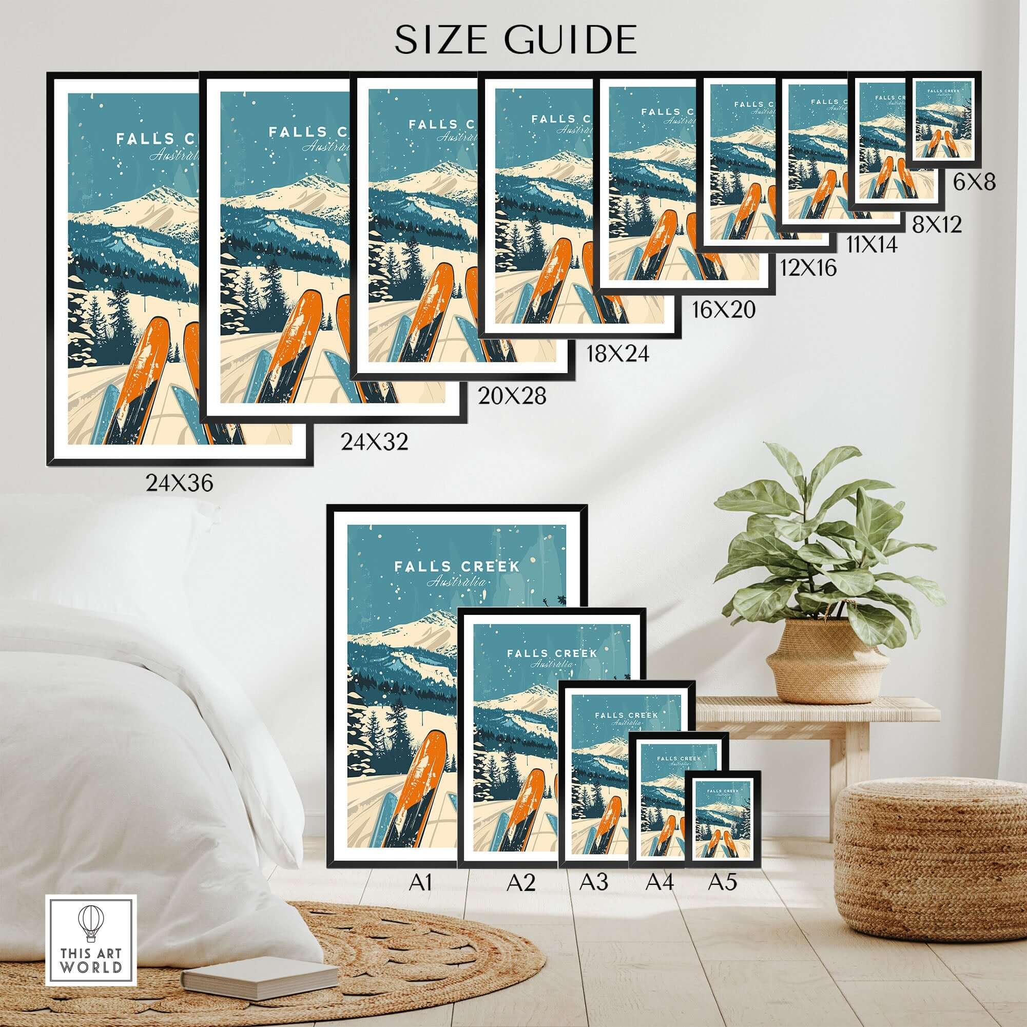 Falls Creek Wall Art Ski Poster Size Guide Displaying Various Print Dimensions in a Cozy Room Setting