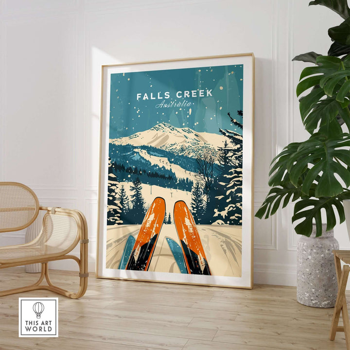 Falls Creek ski poster wall art featuring snow-capped mountains and skis, perfect for enhancing home decor with a winter theme.