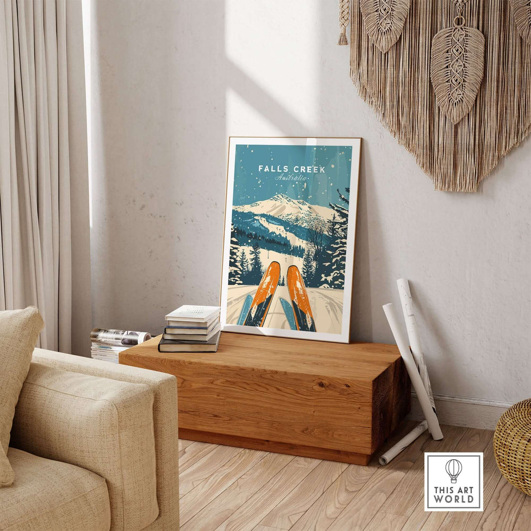 Falls Creek ski poster wall art in cozy living room setting, showcasing a snowy mountain landscape with skis in the foreground.