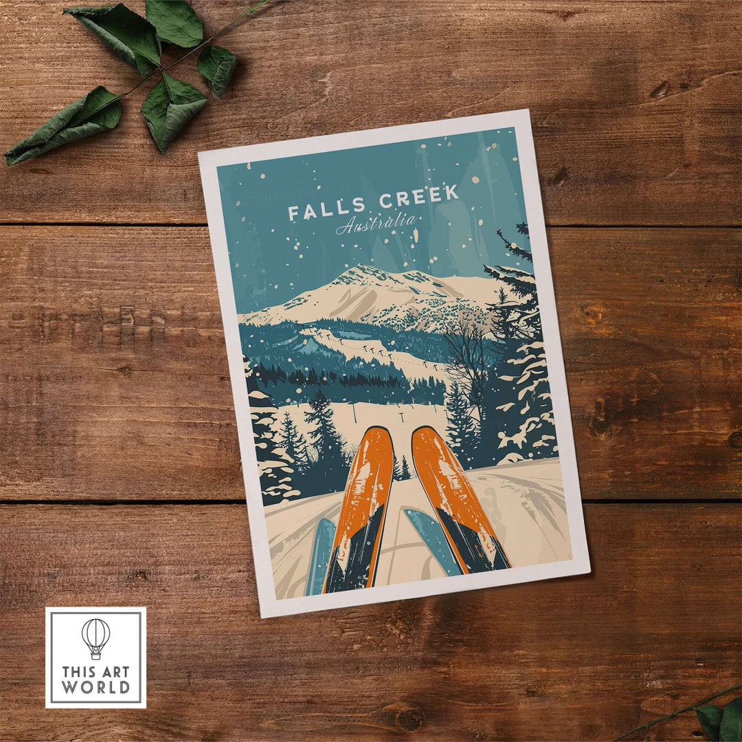 Vintage Falls Creek ski poster wall art showcasing snowy mountain scenery and skis, perfect for winter sports enthusiasts' decor.