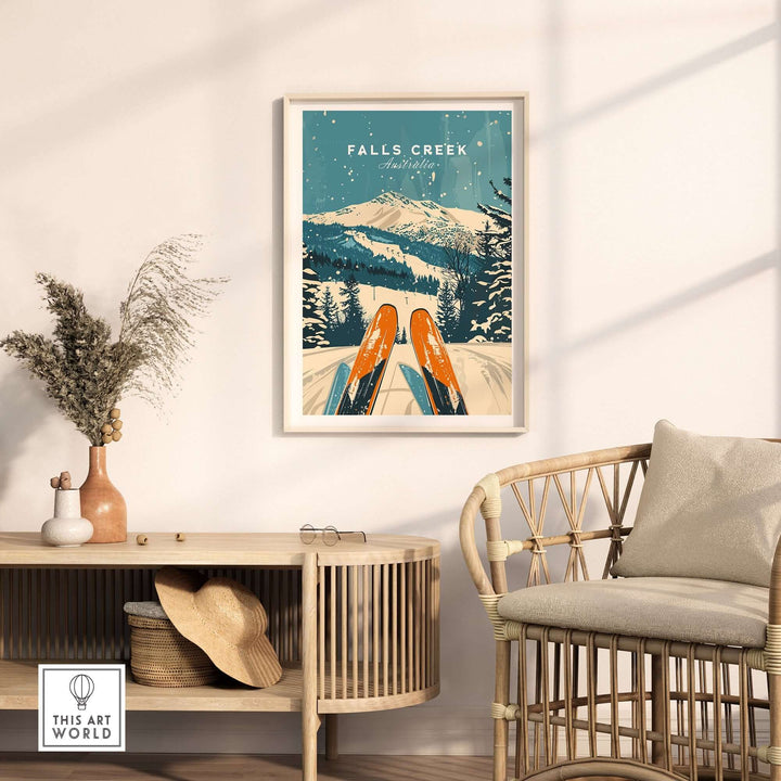 Vintage Falls Creek ski poster wall art displayed in a modern living room setting.