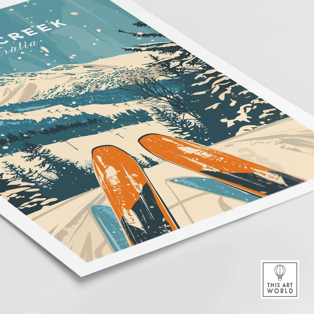 Falls Creek wall art ski poster featuring colorful skis and snowy mountain landscape.