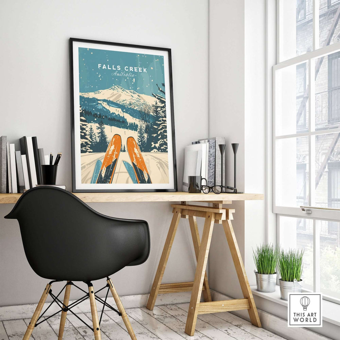 Falls Creek Wall Art Ski Poster displayed in modern home office setting, featuring snowy mountain and ski design