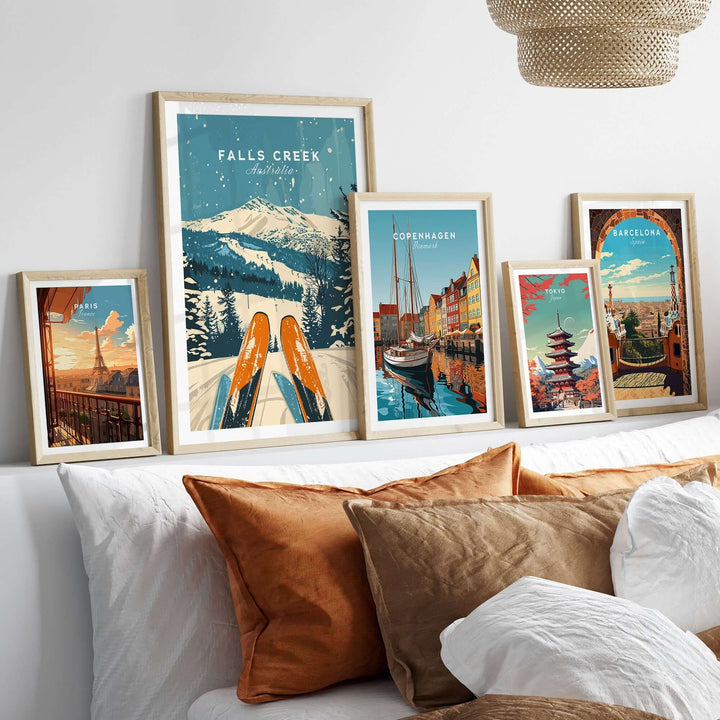 Falls Creek ski poster wall art, displayed with various travel-themed prints, perfect for enhancing any living space.