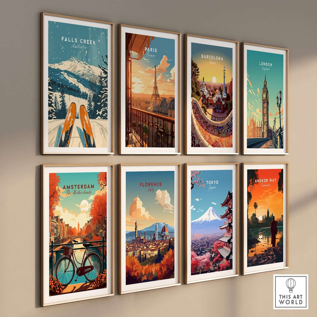 Collection of wall art posters featuring ski scenes from Falls Creek and iconic landmarks from cities like Paris and Barcelona.