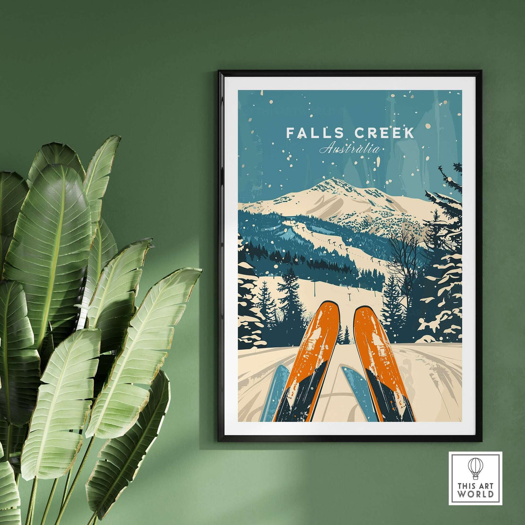 Falls Creek ski poster featuring snowy mountain scenery and skis, perfect wall art for winter sports enthusiasts.