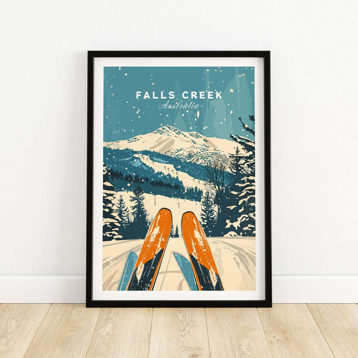 Vintage Falls Creek ski poster with snow-covered mountains in background, framed wall art for home decor.