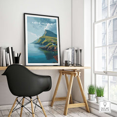 Faroe Islands Art Print | Denmark Poster showcased in a modern office space with coastal landscape.