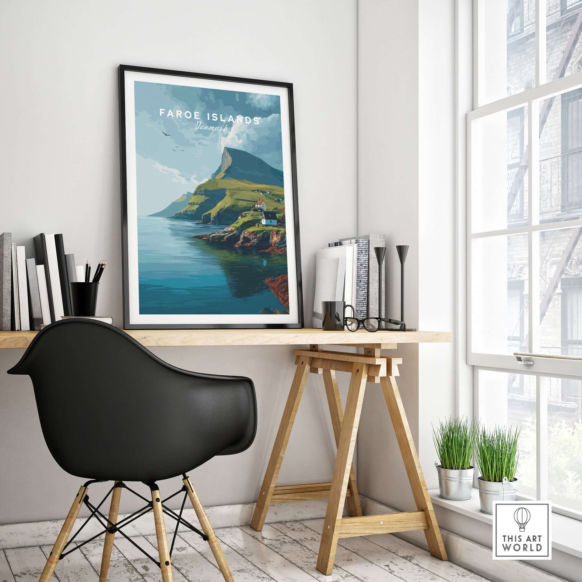 Faroe Islands Art Print | Denmark Poster showcased in a modern office space with coastal landscape.