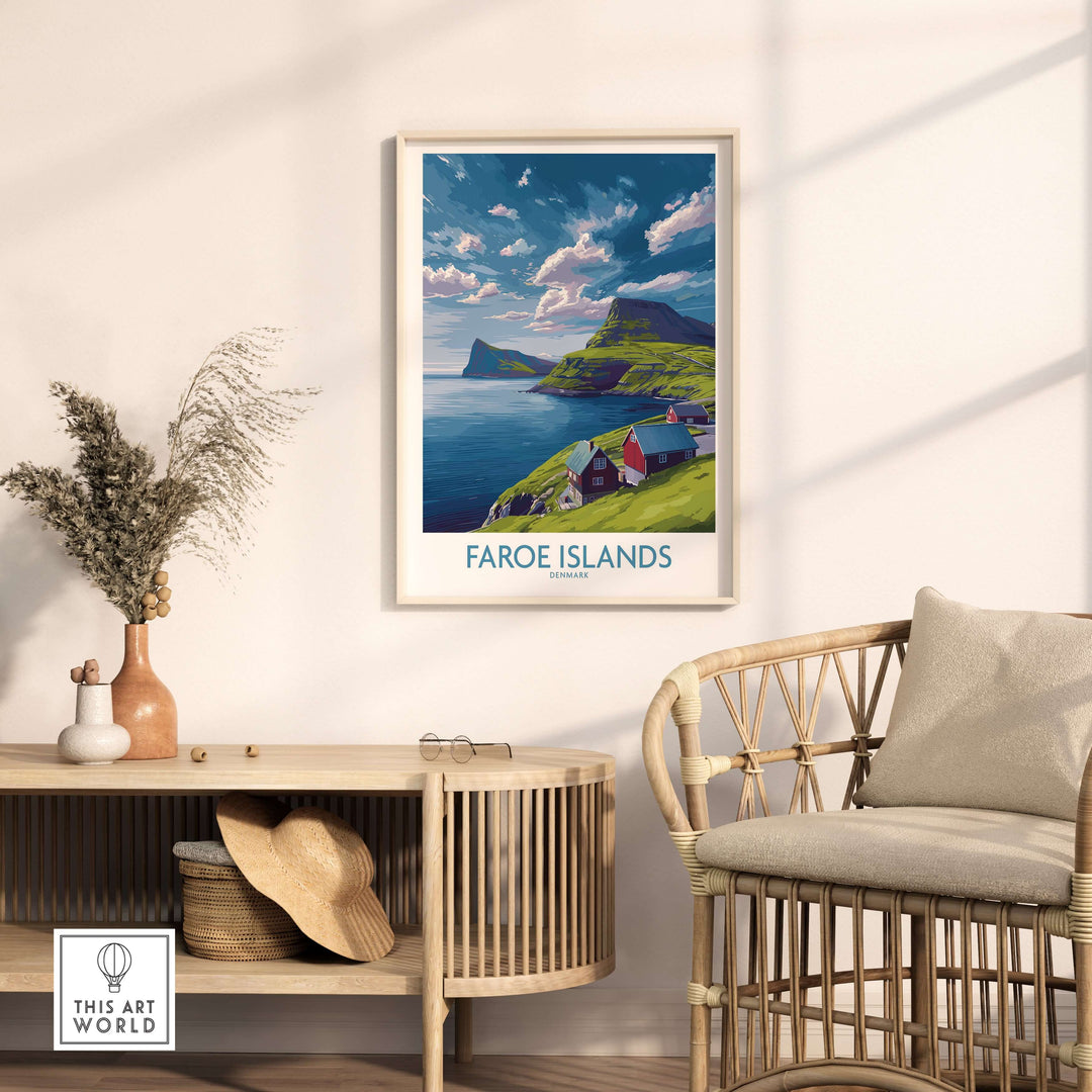 Faroe Islands Art Print | Denmark Poster showcasing dramatic landscapes and colorful houses in a serene setting.