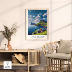 Faroe Islands Art Print | Denmark Poster showcasing a scenic coastal view with colorful houses and dramatic landscapes.