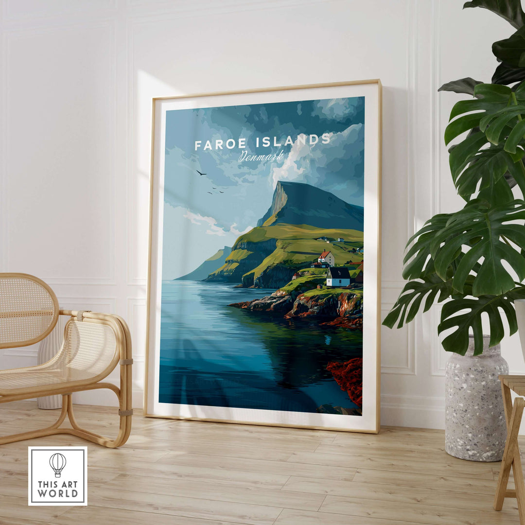 Faroe Islands Art Print | Denmark Poster featuring a serene coastal landscape and dramatic mountain scenery.