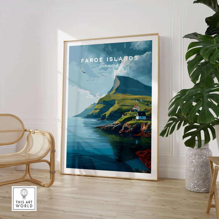 Faroe Islands Art Print | Denmark Poster featuring a serene coastal landscape and dramatic mountain scenery.