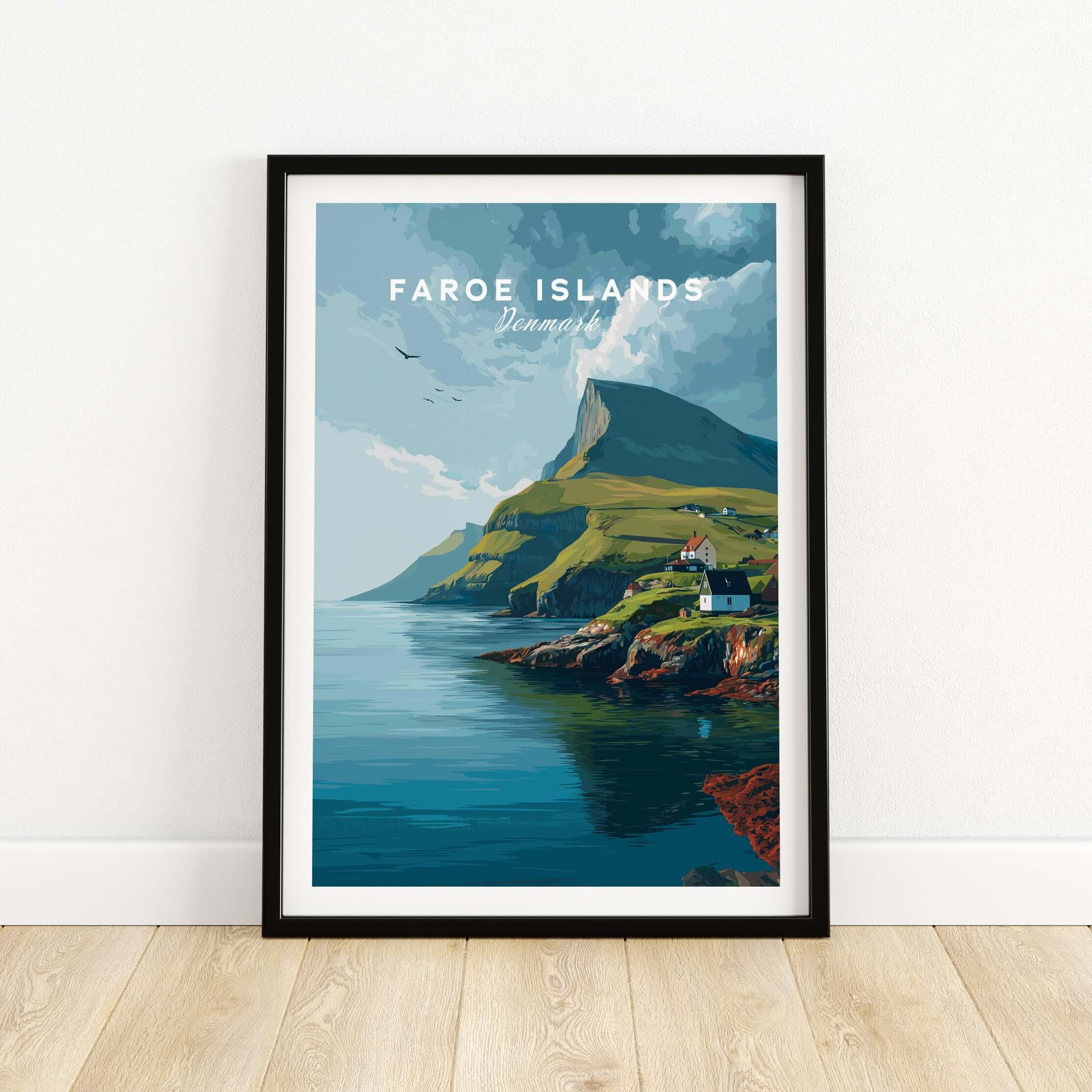 Faroe Islands Art Print | Denmark Poster showcasing dramatic coastal scenery and lush landscapes in a stylish frame.