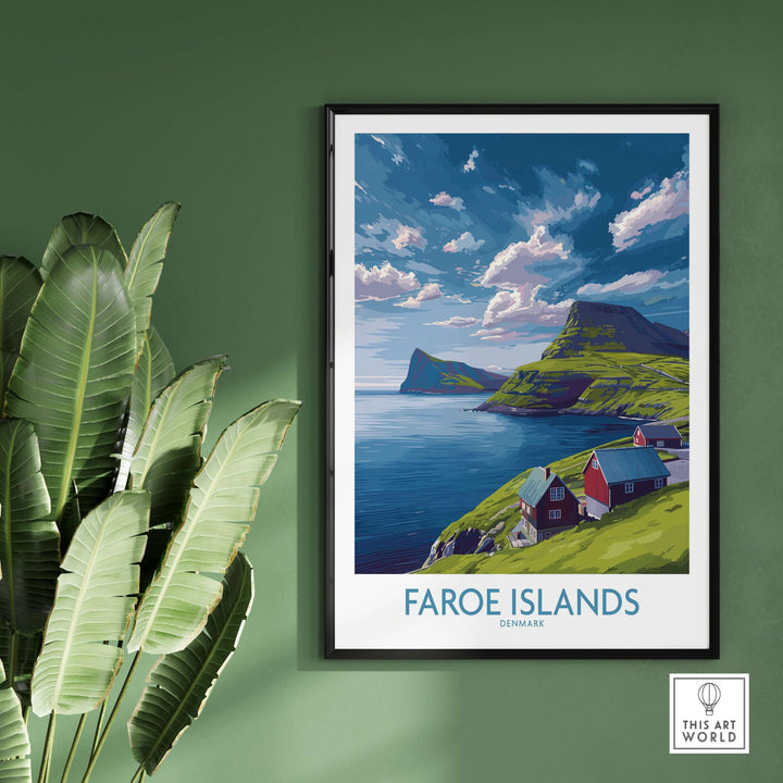 Faroe Islands Art Print | Denmark Poster showcasing scenic views of rugged landscapes and vibrant houses.