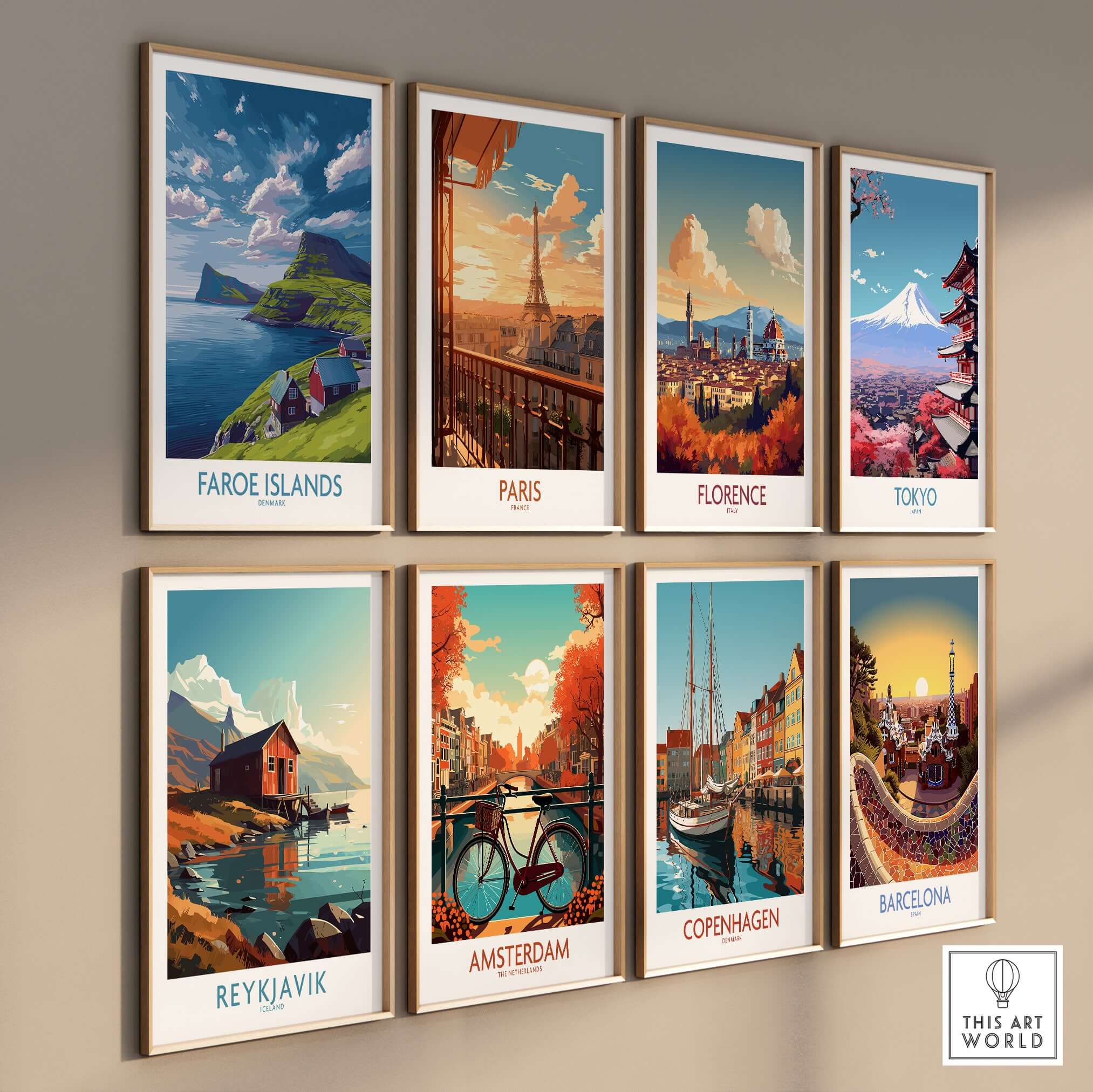 Faroe Islands Art Print | Denmark Poster with various city art prints on a wall including Paris, Florence, and Tokyo.