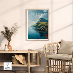 Faroe Islands Art Print | Denmark Poster displayed in a stylish interior, showcasing stunning coastal landscapes.