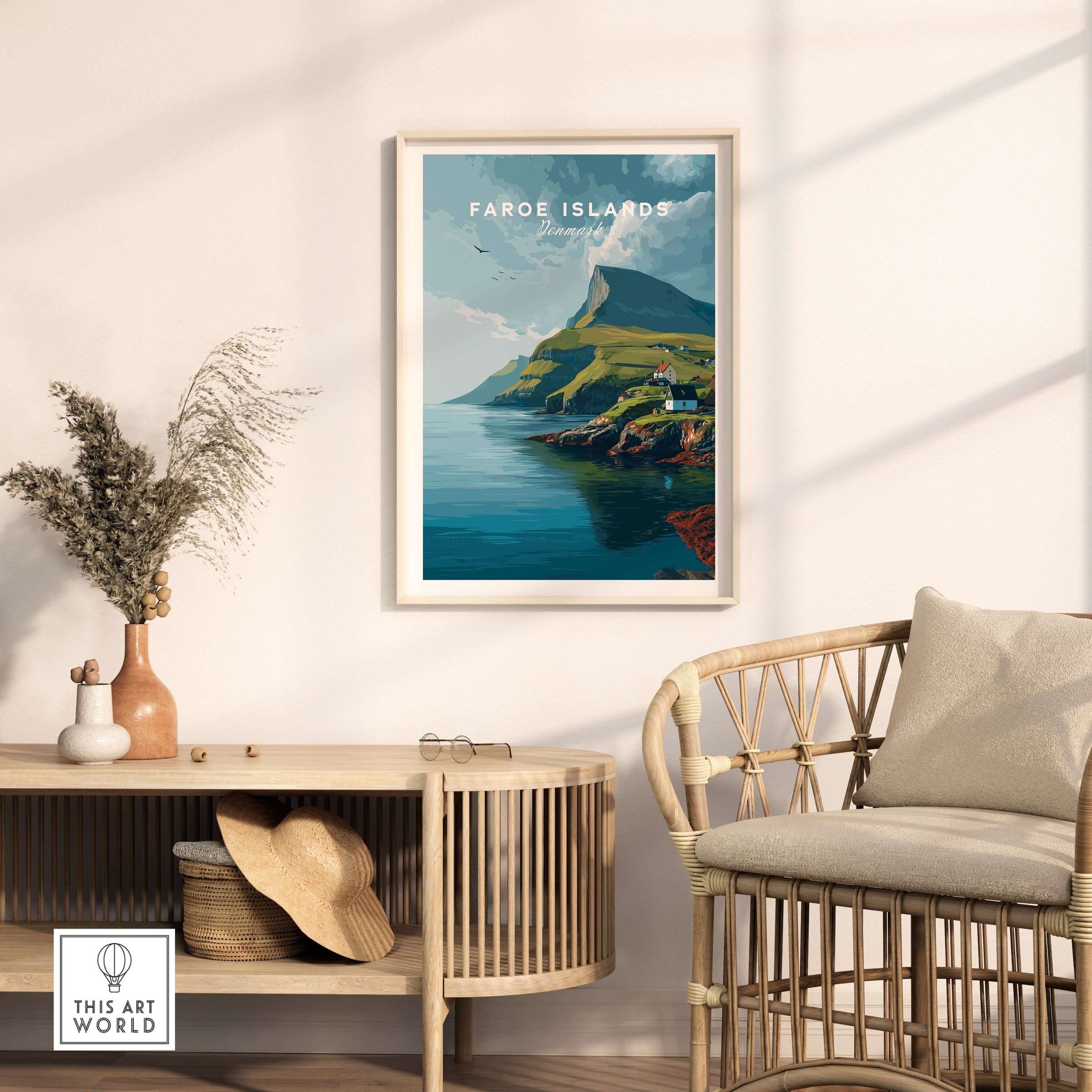 Faroe Islands Art Print | Denmark Poster displayed in a stylish interior, showcasing stunning coastal landscapes.