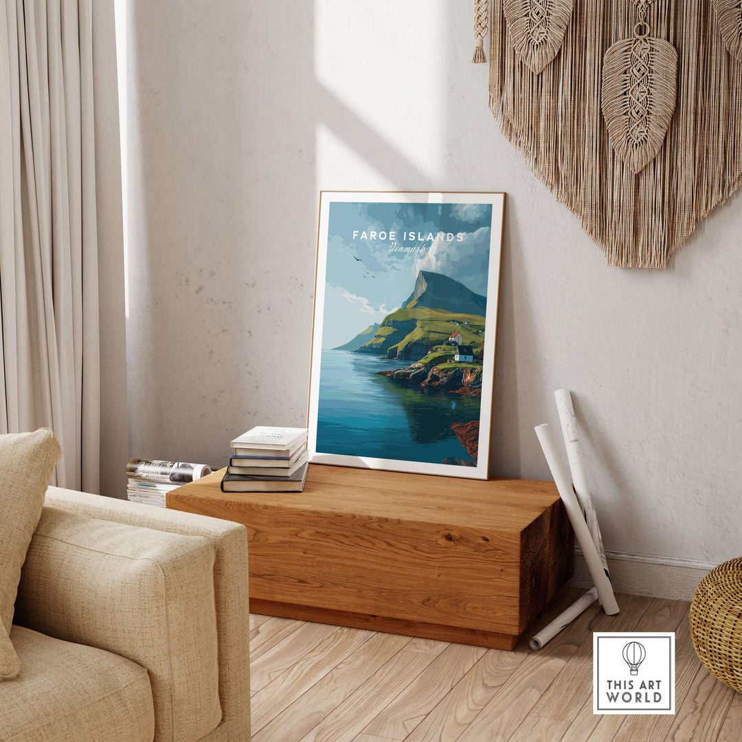 Faroe Islands Art Print | Denmark Poster displayed in a cozy living room setting.