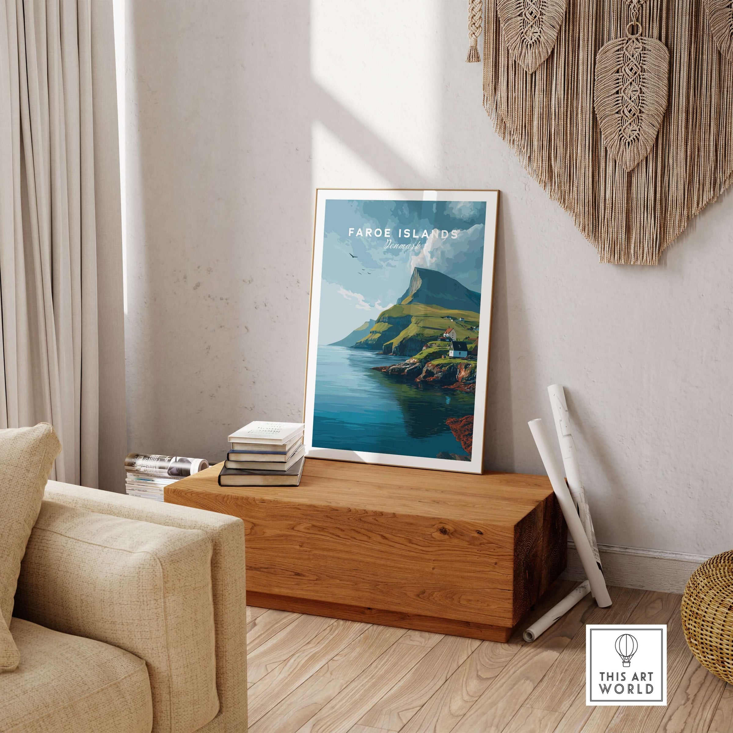 Faroe Islands Art Print | Denmark Poster displayed in a cozy living room setting on a wooden table.