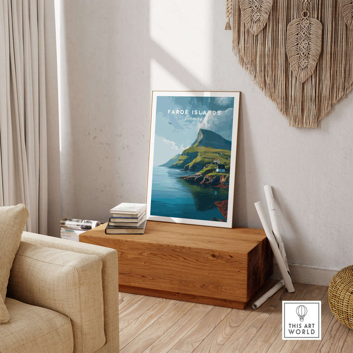 Faroe Islands Art Print | Denmark Poster displayed in a cozy living room setting.