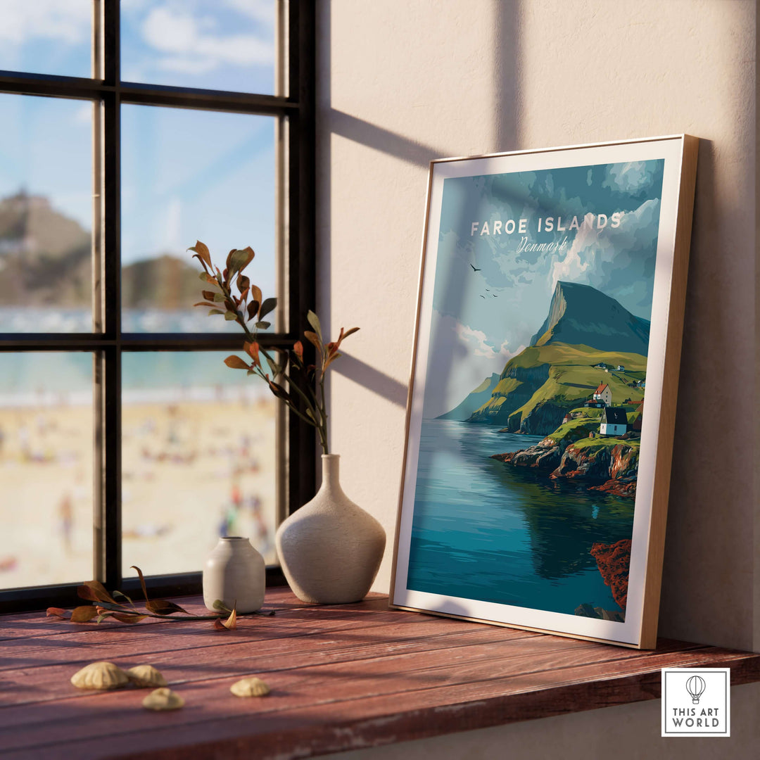Faroe Islands Art Print | Denmark Poster displayed in a home setting with coastal view and decorative elements.