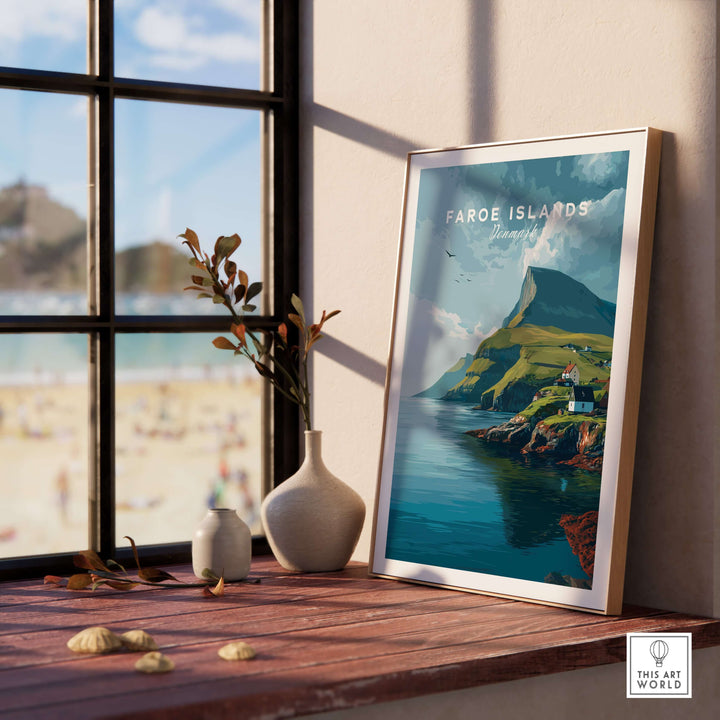 Faroe Islands Art Print | Denmark Poster displayed in a home setting with coastal view and decorative elements.