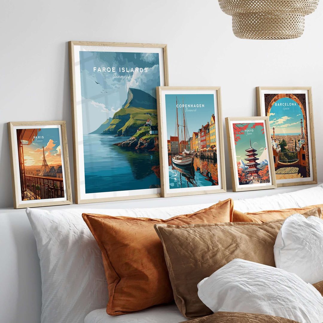 Faroe Islands Art Print | Denmark Poster displayed on a wall with other travel art prints in stylish frames.