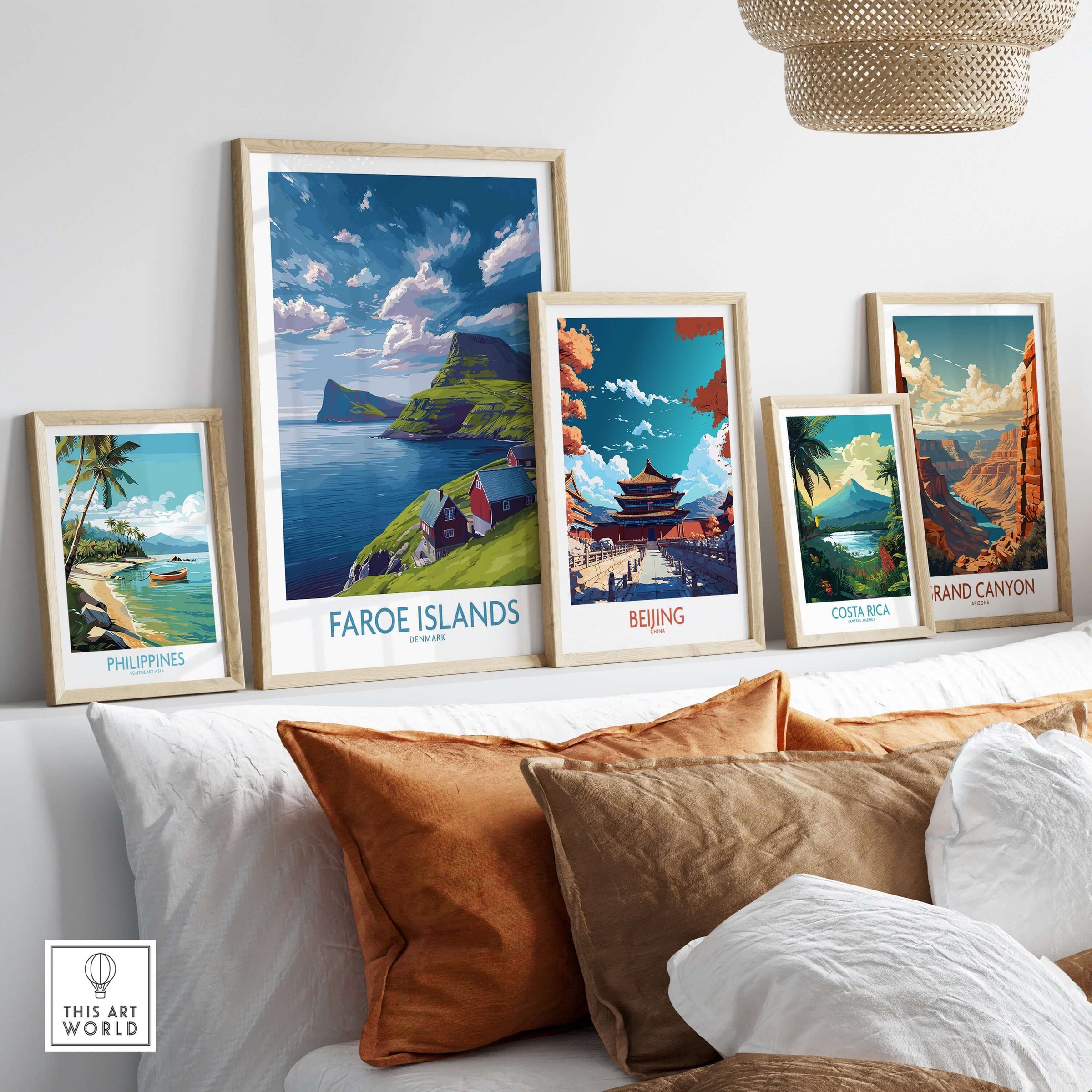 Faroe Islands Art Print | Denmark Poster displayed among other travel art prints in a stylish living room setting.